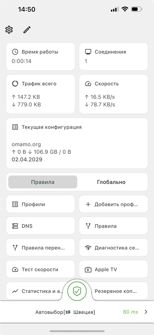 Настройка Karing: Нажмите кнопку со щитом внизу: VPN подключится к выбранной стране.